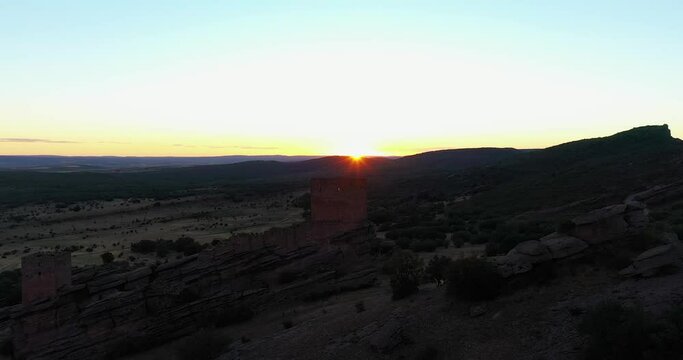 Flying Towards The Castle Of Zafra With Sunset View Through The Window In Guadalajara, Spain. Aerial Approach game of thrones castle