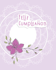 Feliz Cumpleanos Happy Birthday, written in spanish language, postcard pink flower and lace vintage collage.