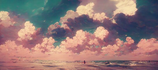 Hot summer day beautiful ocean seascape with calm waves, gorgeous cumulus watercolor clouds and distant horizon. soothing relaxing turquoise and sea foam green colors with a touch of pink. 
 - obrazy, fototapety, plakaty