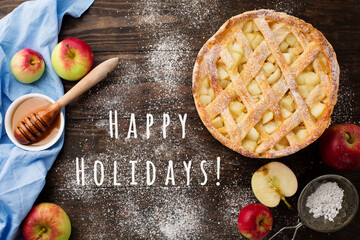 Homemade Autumn Apple Pie on Dark Rustic Wooden Background