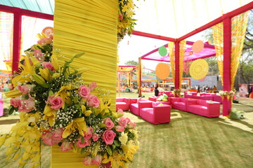 Bangalore, India 14th September 2022: Grand and Luxurious Indian Wedding Decoration. Wedding Events Decor. Rajasthani themed  Wedding Decorations and Arrangement setup