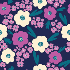 Seamless vintage pattern abstract. dark blue  background. white and pink flowers. vector texture. a bright trend print for textiles and wallpaper.