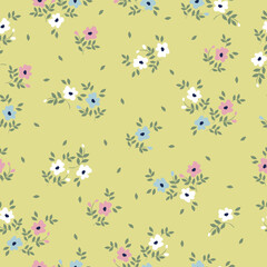 Vintage floral pattern with white,pink and blue  flowers on light green background. Seamless pattern for design and fashion prints.Stock vector illustration.