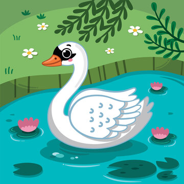 Vector illustration of cartoon beauty swan floats on river. 