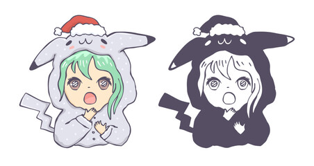 Cute girl with green hair. Cosplay Anime drawing for t-shirt design. Christmas illustration, girl with Santa Claus hat, cartoon.