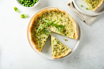 Homemade green pea quiche with cheese