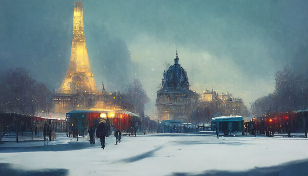 Paris eifel tower in winter with snow street