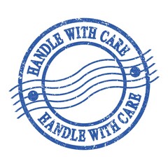 HANDLE WITH CARE, text written on blue postal stamp.