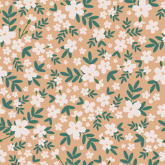 Floral pattern with white flowers and green leaves on beige background. Seamless pattern for design and fashion prints.Stock vector illustration.