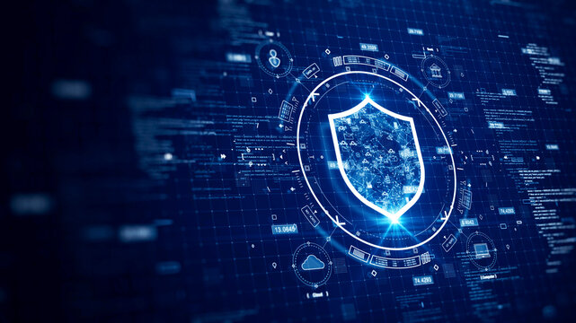 cybersecurity data protection digital technology concept internet network connection. Icons and polygons are connected inside the prominent shield on the right. binary code on dark blue background.