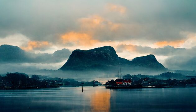 Stavanger Norway island ocean mountain house with cloudy sky
