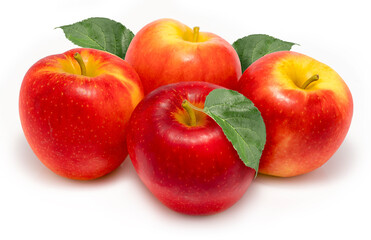 Fresh Red apple on white background, Red apples with leaves on white background.