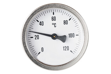 round thermometer, for measuring water temperature in heating systems, on an isolated white background