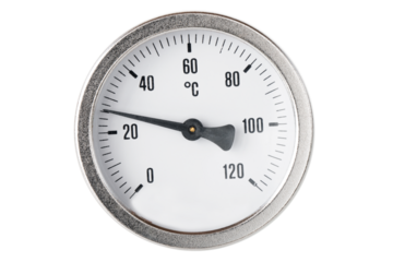 round thermometer, for measuring water temperature in heating systems, on an isolated white background