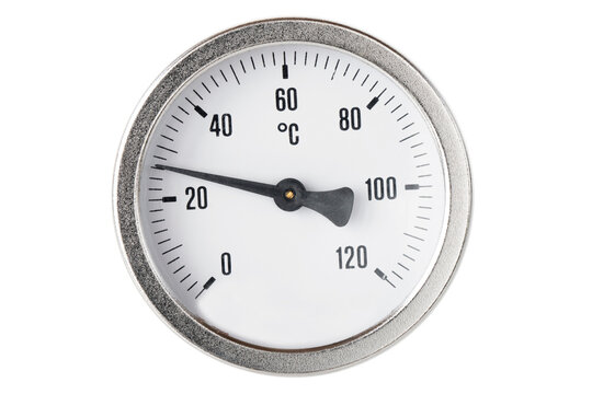 round thermometer, for measuring water temperature in heating systems, on an isolated white background