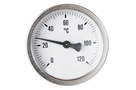 round thermometer, for measuring water temperature in heating systems, on an isolated white background