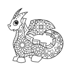 Coloring book for children. Cute dragon in zentangle style. Task for children, can be used in a book, magazine. Vector illustration