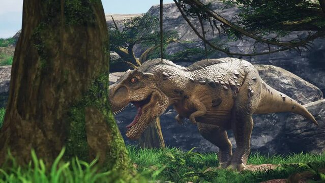 Angry T-Rex Jurassic World, Plants, River 3D Rendering Animation CGI 4K