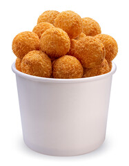 Delicious crispy Cheese ball in paper bucket isolated on white background, Cheese ball or cheesy puffs on white With clipping path.