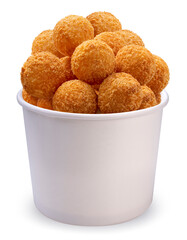Delicious crispy Cheese ball in paper bucket isolated on white background, Cheese ball or cheesy puffs on white With clipping path.
