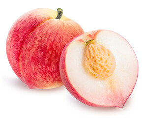 Fototapeta premium yellow and pink Peach fruit with leaf isolated on white background, Fresh Peach on White Background With clipping path.