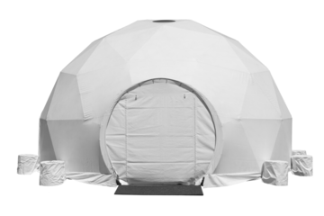 Space base spherical tent, white round plastic round shaped building on white background..