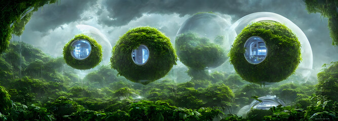 Green city of the future. Eco City of the future. Harmony of city and nature. Sunny day in the big city. 3d illustration