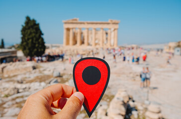red mark pointing the Parthenon, in Athens, Greece