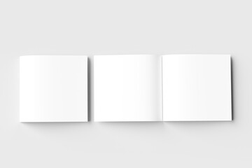 Open and closed square blank booklet on white background with soft shadow. 3d illustration
