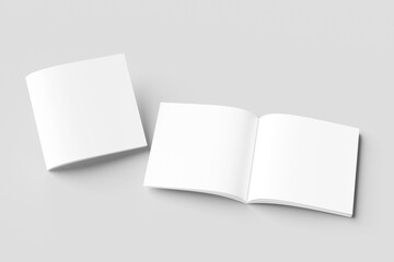 Open and closed square blank booklet on white background with soft shadow. 3d illustration