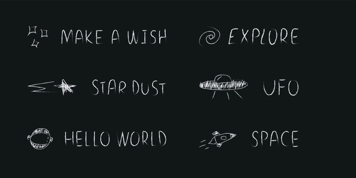 Doodle cosmos illustration set in childish style, design clipart. Hand drawn abstract space elements with lettering. Black and white.