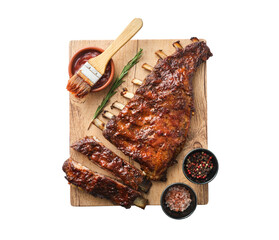 American style pork ribs glazed with  bbq souce with salt and pepper, isolated on white. - 532710332