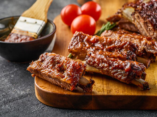 Barbecued and marinated sticky spare ribs. Grilled spare ribs. American style pork ribs