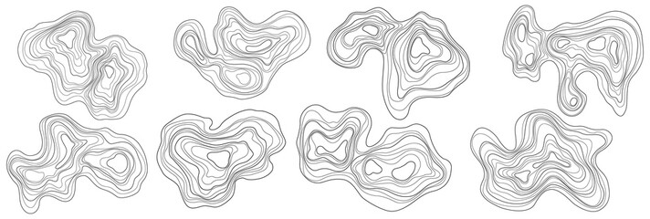 Set of abstract tree rings. Png topographic map design elements. Contour map concept. Thin wavy lines.