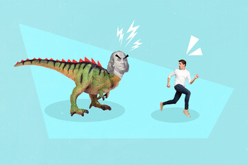 Composite collage image of frightened man running away fast big dangerous dinosaur benjamin...