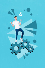 3d retro abstract creative artwork template collage of excited young programmer manager engineer...