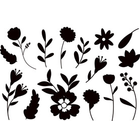 Collection of Flower and branches doodle isolated vector Silhouettes