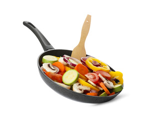 Mix of vegetables in frying pan isolated on white