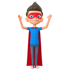 Cartoon character boy in super hero costume shows all is well. 3d render illustration.