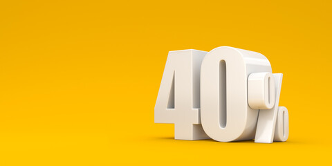 White forty percent on a yellow background. 3d render illustration. Background for advertising.