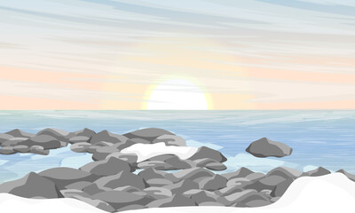 Arctic landscape with pebble beach covered with snow. Sea or ocean coast in winter. Antarctica and the South Pole. Realistic vector landscape