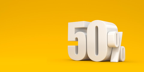 White fifty percent on a yellow background. 3d render illustration. Background for advertising.