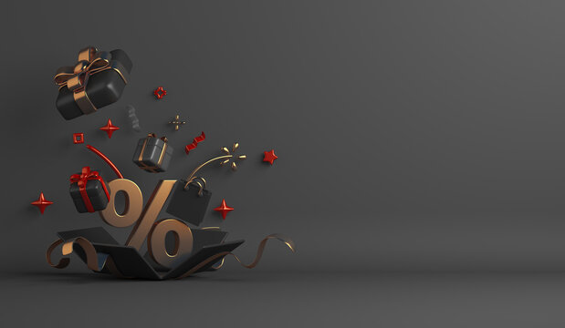 Black Friday sale decoration background with percent symbol, gift box, shopping bag copy space text, 3D rendering illustration