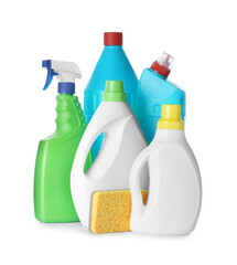 Different cleaning supplies and sponge on white background