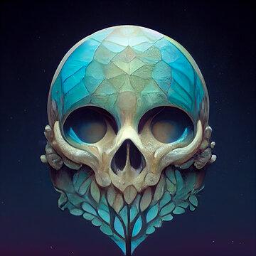 skeleton skull or skull with glass and fantasy effects, image to illustrate science fiction articles