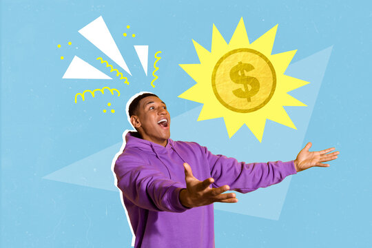 Composite collage picture of overjoyed positive guy arms catch money coin isolated on painted background