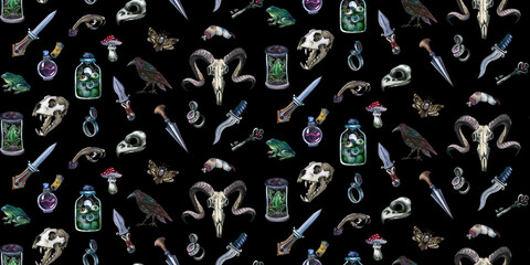 Halloween. Seamless pattern with skulls, key, toads, potions. Witch Attributes