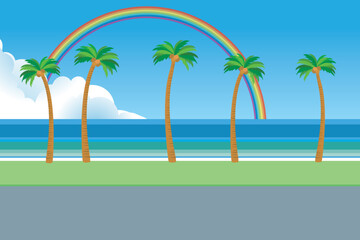 リゾート　バカンス旅行のイメージの風景　背景イラスト　虹と青空と海とヤシの木　椰子　トロピカル