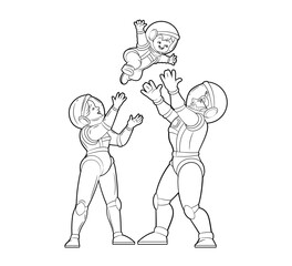Coloring book.Astronaut dad throws his son up.Happy family of astronauts, mom, dad, son.Vector black and white illustration, outline, cartoon on white background