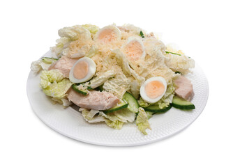 Delicious salad with Chinese cabbage, eggs and meat isolated on white